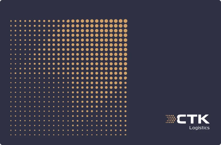 Nowy branding CTK Logistics łączy elegancję i nowoczesność. Złote kropki symbolizują precyzję i globalny zasięg, a minimalistyczny design podkreśla profesjonalizm.
