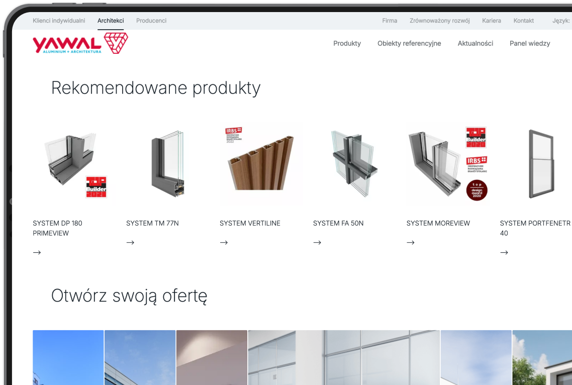 Yawal prezentuje ofertę nowoczesnych systemów aluminiowych, obejmującą okna, drzwi, fasady i innowacyjne rozwiązania architektoniczne dla różnych sektorów.