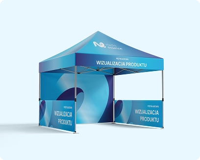 Po prawej stronie widoczny jest branded tent (namiot reklamowy), idealny na wydarzenia na świeżym powietrzu lub wystawy.