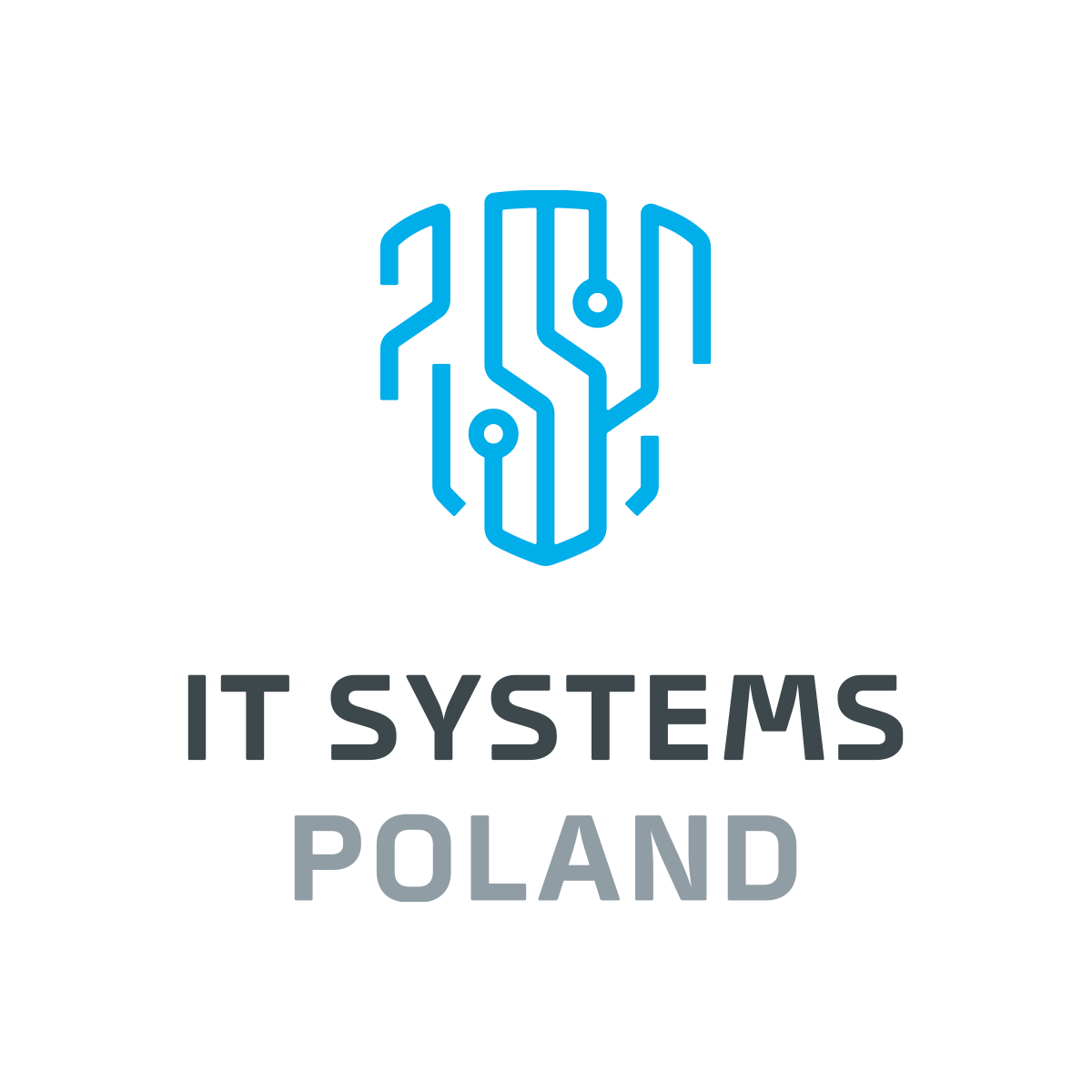 Logo IT SYSTEMS POLAND w minimalistycznym stylu. Niebieska ikona przypominająca obwody elektroniczne symbolizuje technologię i cyfrowe innowacje.
