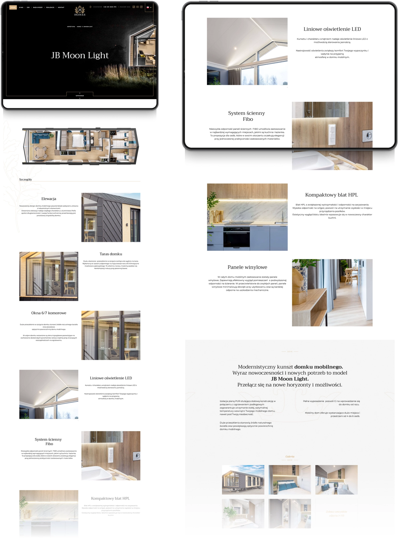 Strona przedstawia model domku mobilnego "JB Moon Light" z nowoczesnymi elementami: LED, systemem Fibo, winylowymi panelami i blatem HPL.
