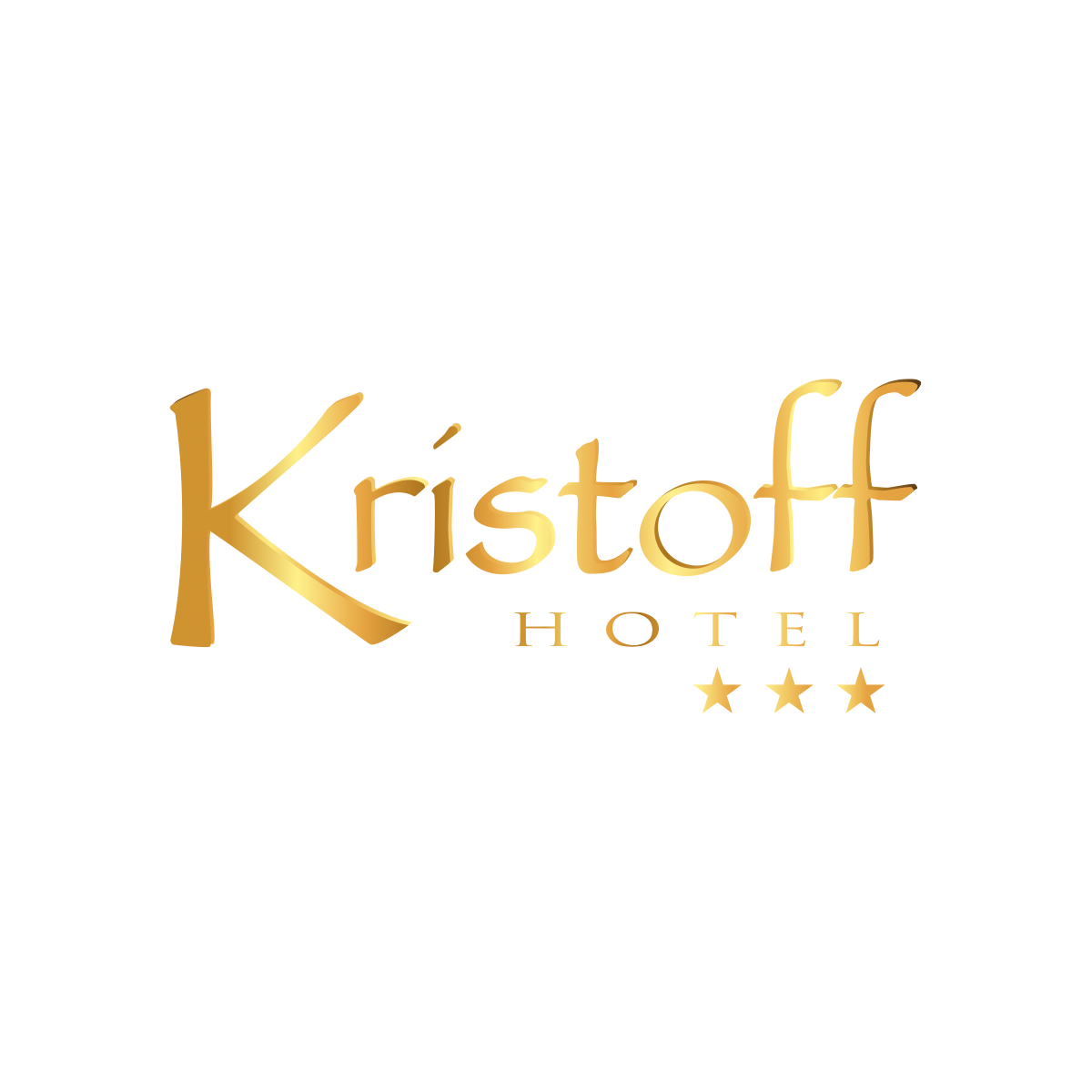 Logo "Kristoff Hotel" w złotej kolorystyce na białym tle. Elegancka typografia i trzy gwiazdki podkreślają luksusowy charakter marki, kojarzący się z prestiżem i jakością.